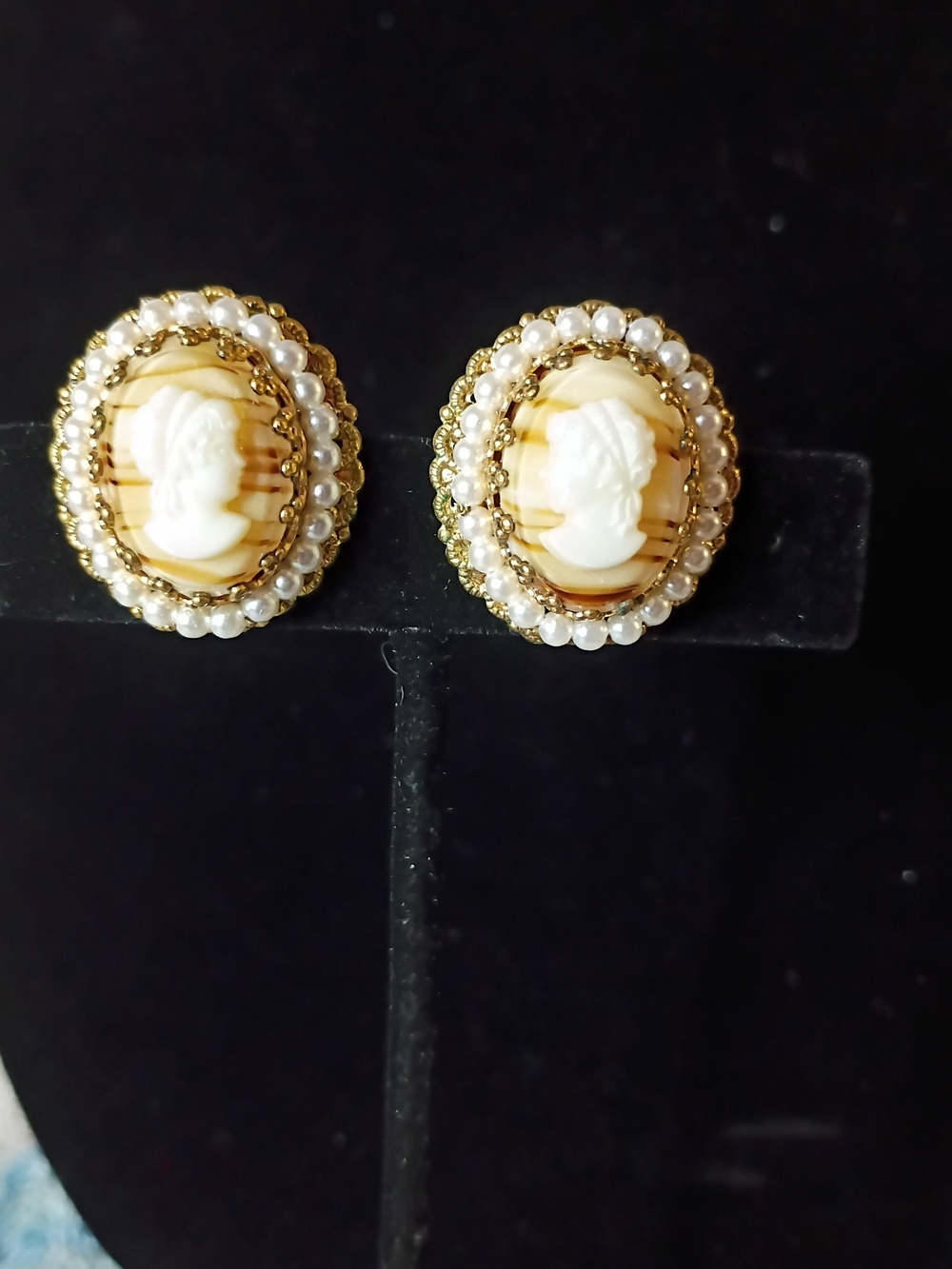 West Germany Classic Cameo Pearl-Trim Gold Tone Earrings - Cream